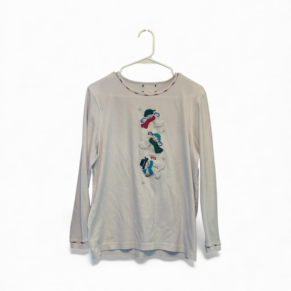 Vintage Y2K Era Long Sleeve White Tee with Colorful Snowman Design Large